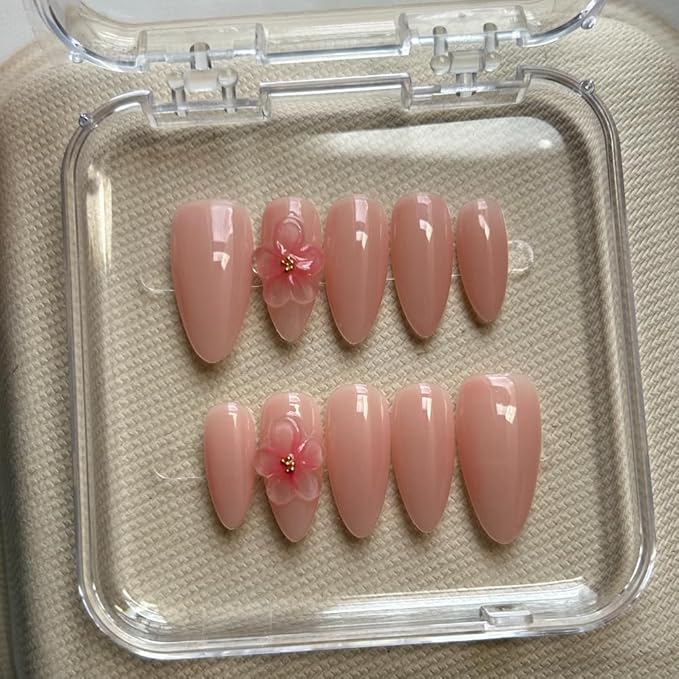 Press On Nails Medium Almond Shape False Nails, Handmade Acrylic Gel Fake Nails with Art Designs, Reusable 10 Pcs 3D Nails for Women DIY Manicure Kit