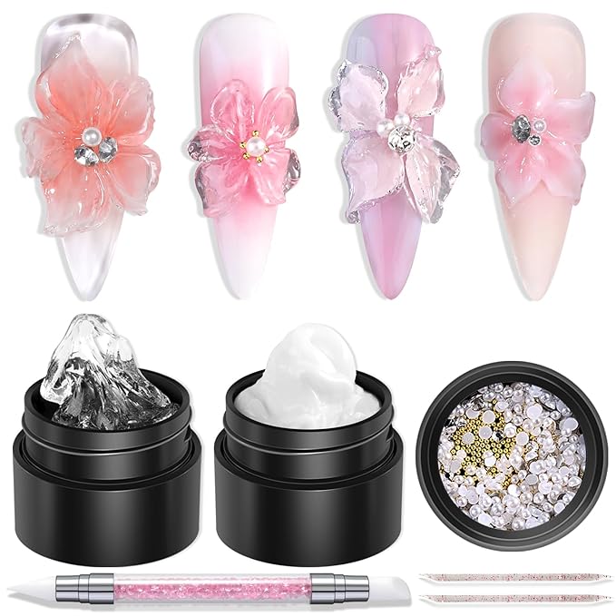 3D Sculpting Gel for Nail Art, Clear & White Solid Builder Kit, Non-Sticky Hard Gel for Hand Molding with Silicone Carving Pen and Nail Decorations, DIY Manicure Salon Supplies