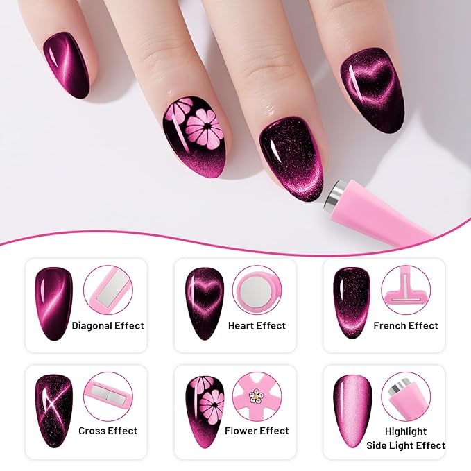 3PCS Nail Art Magnet Set - Pink 6-in-1 Cat Eye, Y-Shape Dual Head & Heart Magnetic Tool for Salon & Home Gel Manicure Designs