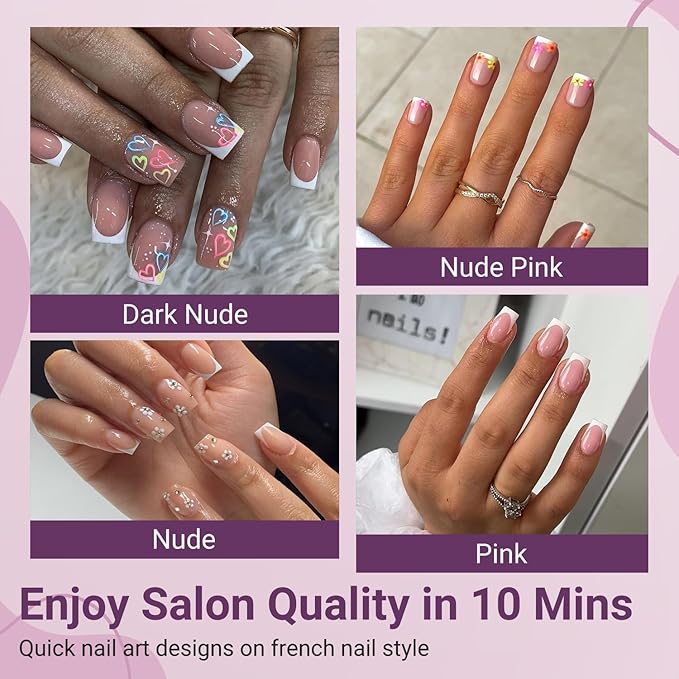Gel French Tip Nails Short Square Press on Nails White 300Pcs Pre-applied Tip Primer Natural Nude Fake Nails Extensions Kit for Women Girls DIY
