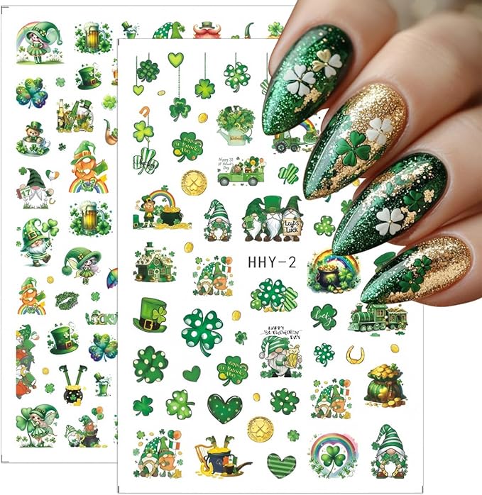 6 Sheets St Patrick’s Day Nail Art Stickers 3D Self- Adhesive Shamrock Nail Stickers Green Clover Hat Letter Golden Coin Irish Design St Patricks Day Nail Decals Nail Art Supplies for Acrylic Manicure