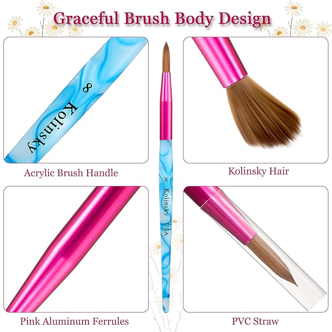 5 Pieces Kolinsky Nail Brush Set - Acrylic Application Brushes With Crimped Shaped Handle for Nail Art Manicure - Sizes 6, 8, 10, 12, 14 (Pink, Blue and White)