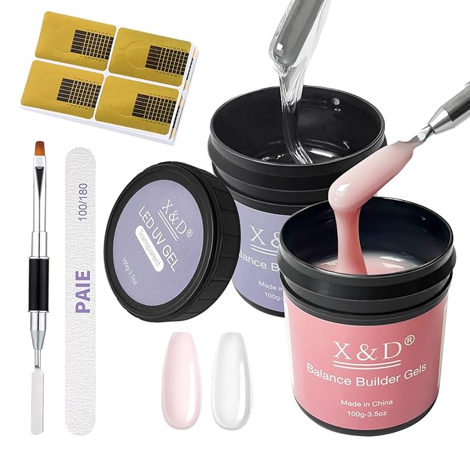 X&D Gel Nail Polish Kit UV Polygel 2 Bottles Quick Dry 100g Natural Clear Color Nail Extension with Nail Forms, Nail File (Transparent & Nude Pink)