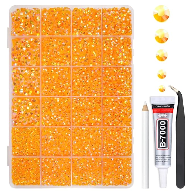 Orange AB Resin Rhinestones w B7000 Jewelry Glue for Bedazzling Crafting 2mm-6mm Flatback Jelly Stones Diamonds Gems Bedazzler Kit for Nails Face Eyes Makeup Tumblers Bottles DIY Crafts Shoes