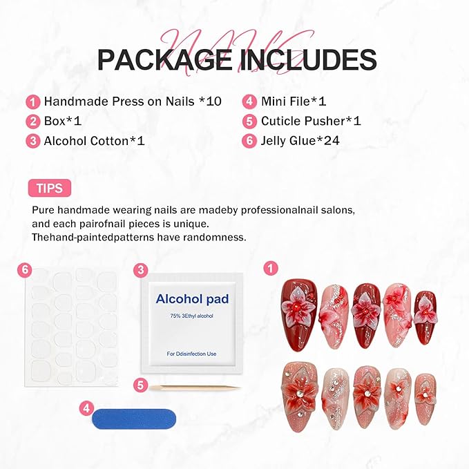 Flower Press on Nails Medium Almond Glitter Fake Nails 3D Luxury Floral Rhinestones Embossed Designs Handmade Press on Nails Muti-Layer Gel Thick False Nails Red Gradient Acrylic Nails (Size M)