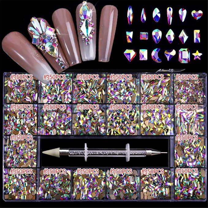 1000 Pcs Multi Shapes Glass Crystal AB Rhinestones For Nail Art Craft Mix 18 Style FlatBack Crystals 3D Decorations Flat Back Stones Gems Set with Nail Rhinestone Picker Wax Pen in Storage Container