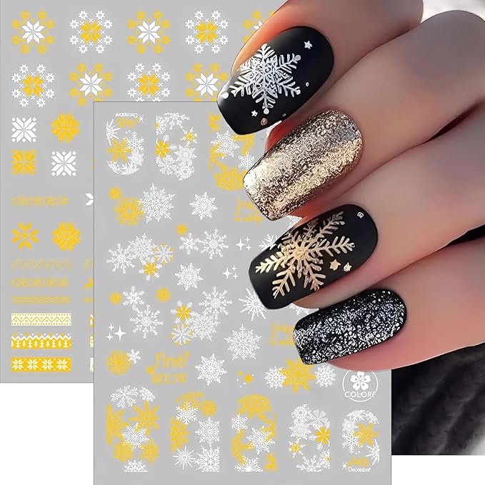 9 Sheets Christmas Snowflake Nail Stickers, Gold White 3D Self-Adhesive Winter Nail Art Decals for Women Girls Xmas Snow Sparkle Manicure Decorations