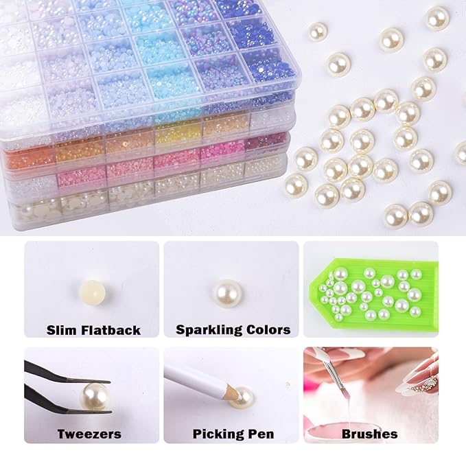 7460Pcs Creamy White Pearls Rhinestones, Flatback Pearls for Crafts Tumblers Shoes Nails Face Art, Assorted Size 3/4/5/6/8/10mm Craft Half Pearls（Creamy White）