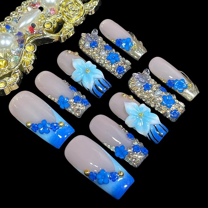 Handmade 3D Floral Press On Nails, Medium Long Square Shape, Blue Gradient with Rhinestones, Gold Beads, Reusable Acrylic False Nails (Blue enchantress, S)