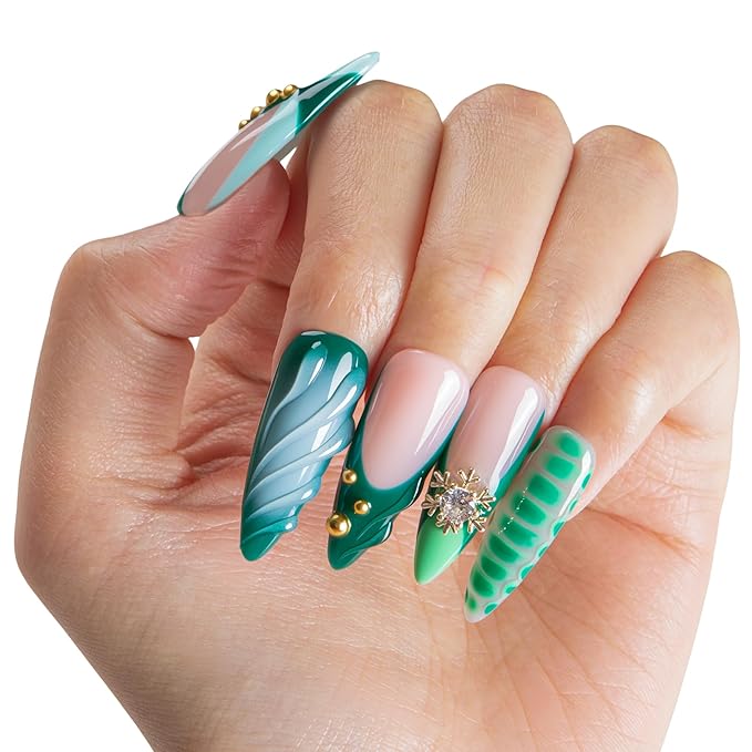 LOVFUL Short French Tip Press on Nails Forest Jewel | Handmade Acrylic Press ons| Reusable Fake False Nails | Stiletto Classic Regular 1.3in | H698-S