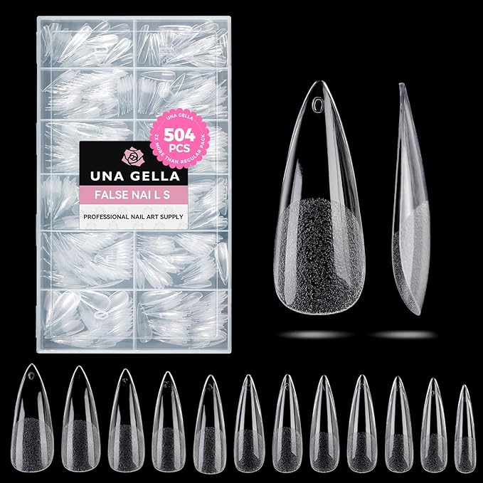 UNA GELLA Long Stiletto Nail Tips 504PCS, Full Cover Pre-Etched Long Stiletto Clear Fake Nails Tips, Sturdy Acrylic Press on Nails, No C Curve Soft Gel Tip for Nail Extension DIY Nail kit 12 Sizes