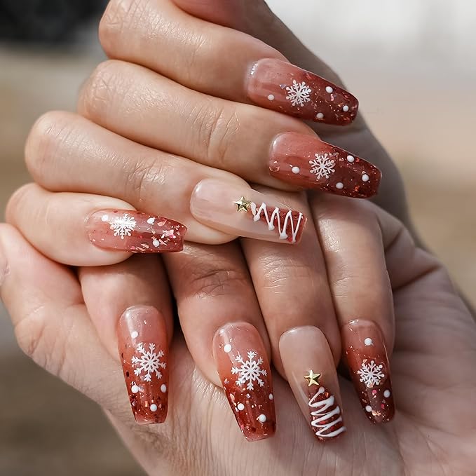 Glitter Press on Nails Short Coffin - Sweet Pink Red Gradient Handmade Nails Xmas Tree & Snowflake Pearl Star Design, Glossy Full Cover False Nails for New Year Nails Art (Festive Dream,S)