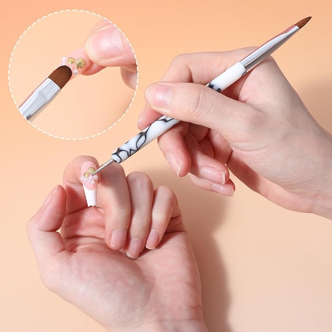 4 Pcs French Gel Nail Brushes, Double Head Acrylic Nail Art Brush with Dotting Tool, French Tip Brush, Professional Manicure Tool for DIY Nails Salon (10# 12# 14# 16#)