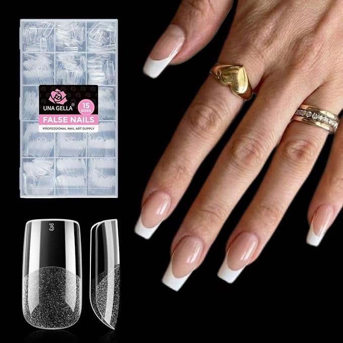 UNA GELLA Nail Tips Medium Square 510Pcs 15 Sizes - No File Needed Pre-Buffed Square Soft Gel Fake Nail Tips Clear Full Cover False Nails Soak Off Acrylic Nail Extensions for DIY Nail Art Salon