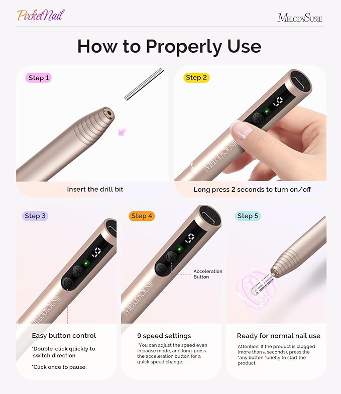 MelodySusie PocketNail Pen-Shaped Cordless Modular Nail Drill, PC100GR 20000RPM Slim Portable Rechargeable Electric File for Manicure Pedicure Nail Care, Shaping & Gel Removal at Home for Beginners