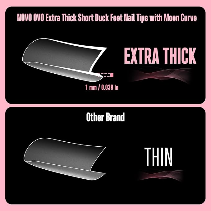 NOVO OVO Halloween Extra Thick Short Duck Feet Nail Tips with Moon Curve Full Cover Press on Acrylic, Clear Pre-Etched Matte Flare Wide French Soft Gel Fake False Nail Extension x 15 Sizes 240 pcs