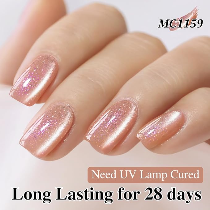 Double Rhythm 0.5 Oz Cat Eye Gel Polish with Magnet Same Color Same Bottle Holographic Glitter Shimmer Translucent Color Salon 15 ML Magnetic Nail Art (Nude Apricot-MC1159)