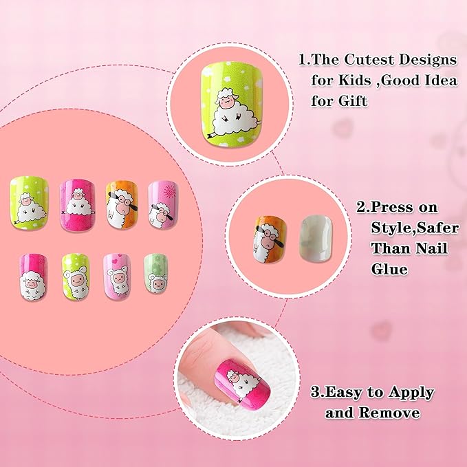 JANYUN 96 Pcs False Nails Fake Nails for Kids Full Cover Short False Nails Children Nails Lovely Gift for Kids