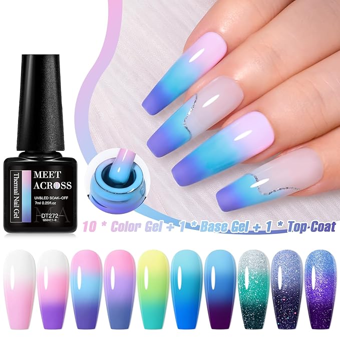 MEET ACROSS 12PCS Color Changing Gel Nail Polish Kit, Temperature Changing Gel Polish Set, Fall Winter Colors Trendy Natural Nail Art Manicure Gel Polish For Salon And Home DIY