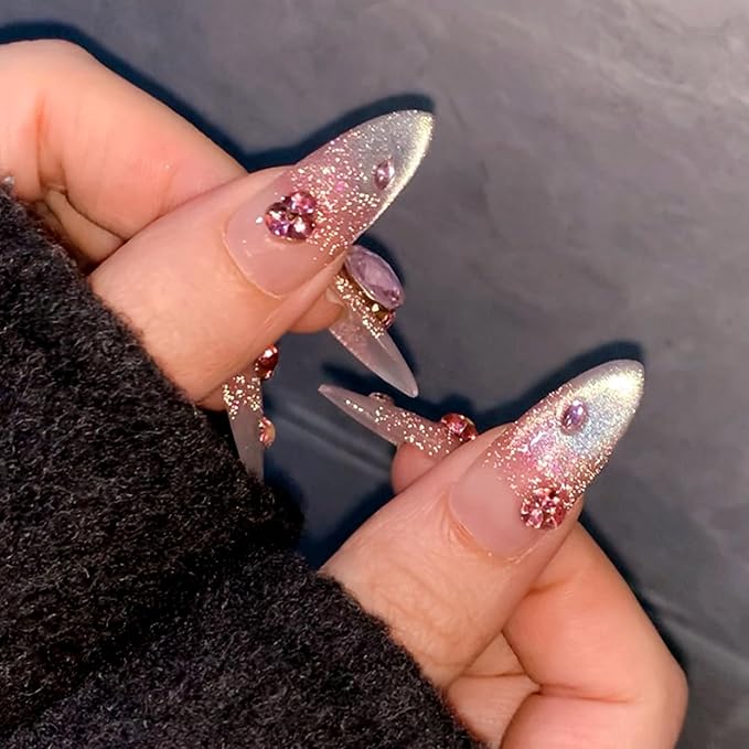 WOMHOPE Press on Nails Handmade Full Cover False Nails with Rhinestone Vintage Flower Aurora Acrylic Nails for Women and Girls 10pcs/Box Long Almond,Coffin (Pink cat's eye, Medium)