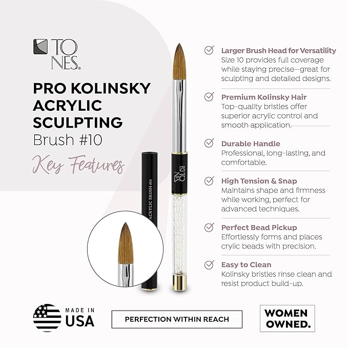 Tones Kolinsky Professional Pure Acrylic Nail Brush - 100% Sable Hair for Sculpting and 3d Nails Art Extension Premium Nail Art Brush for Acrylic Application with Protective Cap Ultra Precise (#10)