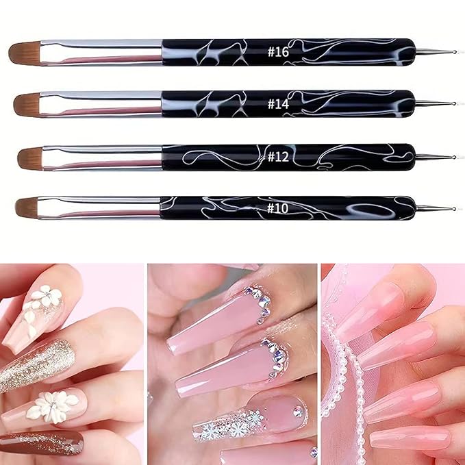 4Pcs French Tip Brush, Double-Ended French Brushes for Nails with Dotting Tool, Clean Up Brush for Gel Nail Polish, Size 10/12/14/16, Acrylic Nail Art Brushes, Manicure Tools for Nail Design-Black