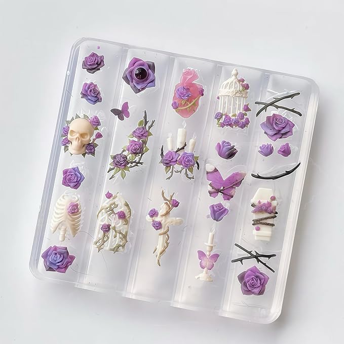 Gothic Nail Art Molds Kit - 3D Skull Rose Butterfly Designs DIY Manual Manicure Decoration Halloween Individual Nail Molds