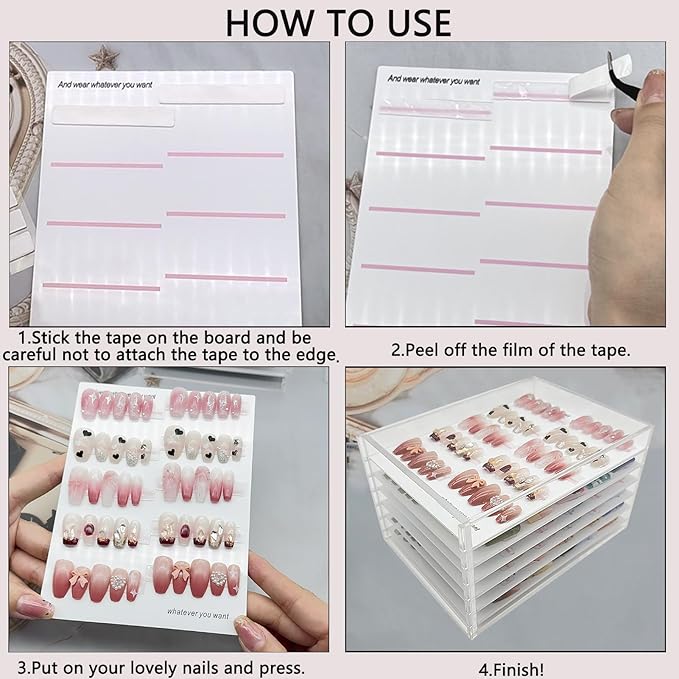 Press On Nail Organizer 6 Layer Acrylic Press On Nail Storage Box Large Nails Art Display Board for Fake Nails Storage Case Nail Display Salon Supplies with Tape