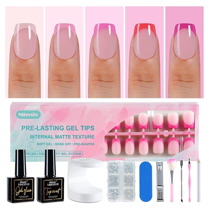 Misssix French Tip Press On Nails, 150Pcs French Gel Nail Tips, Pink Short Square Soft Gel Fake Nails, X-BASIC Tips Starter Kit for Nail Art DIY 15 Sizes
