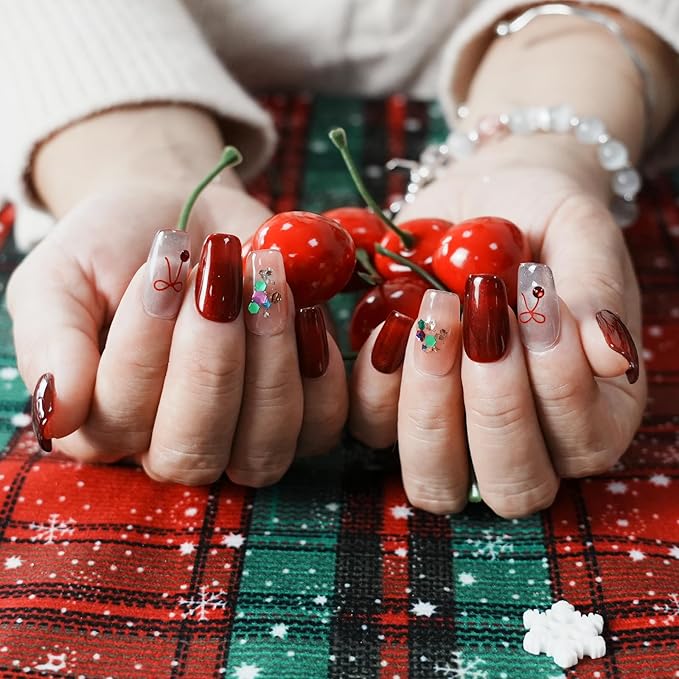 Valentine Red Press on Nails Short Coffin - Red Cat Eye & Glitter Blue with Bow Multi-colored Decorative Accents New Year Fake Nails for Winter Holiday(Holiday Wishes,M)