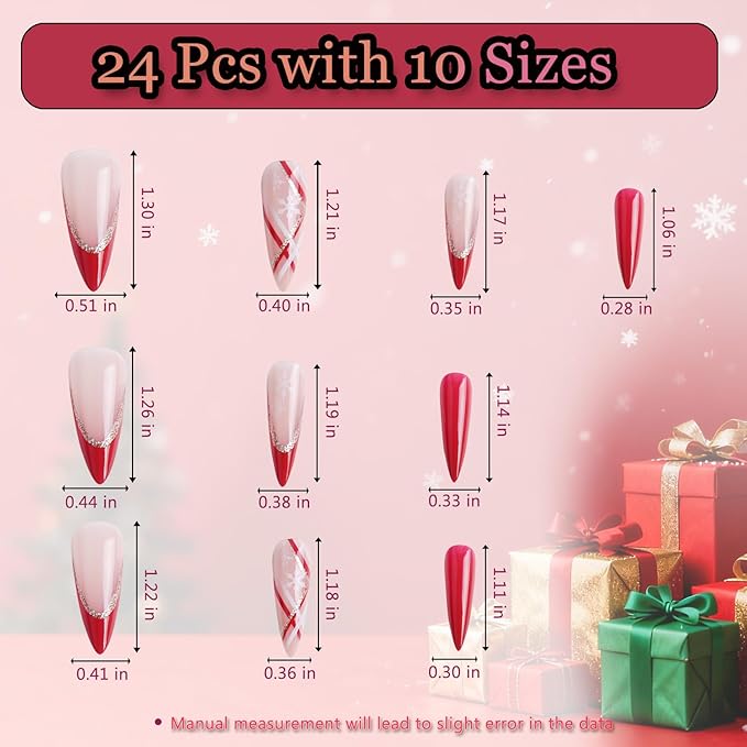 24pcs Red Long Almond French Tips Press On Nails with Snowflakes and sparkling lines for Themed Costumes, Reusable Nail Kit with Nail Adhesive Tabs Mini Nail File, 12 Sizes (Red)