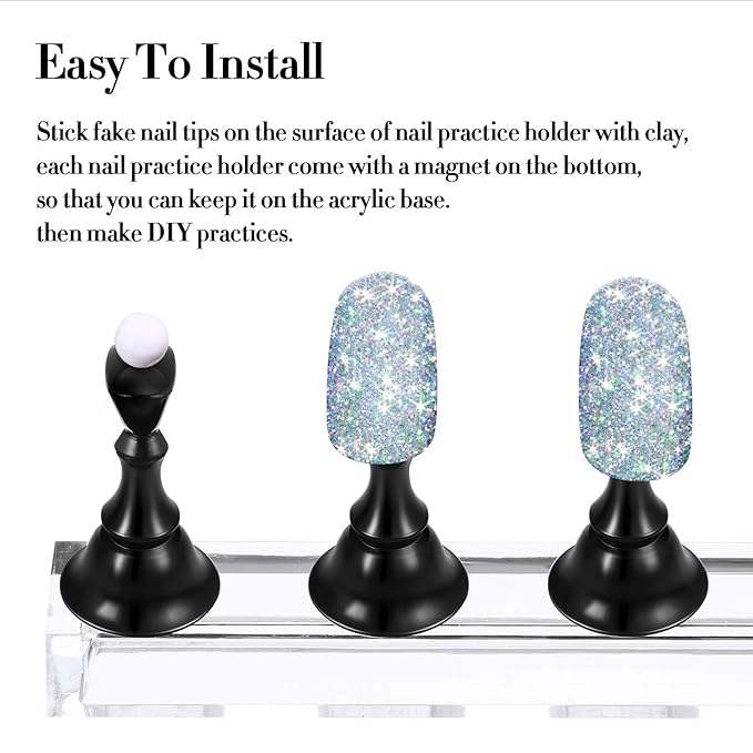 Blulu 2 Set Nail Stand for Painting Press Nail Holder Acrylic Magnetic Tips Training Fingernail Display Stands DIY Crystal Holders and 96 Pieces White Reusable Adhesive Putty(Black)