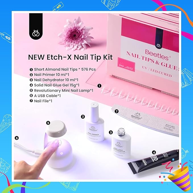 Beetles Gel Nail Kit Short Almond Gift Spree, with Dehydrator and Primer, 576Pcs Half Matte Etch-X Gel Nail Tips Solid Nail Glue Mini Lamp Acrylic Tips Easy DIY Extension Set Gift for Women