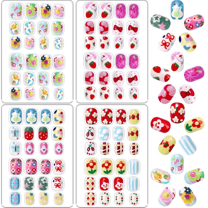 96Pcs 4 Packs Cute Short Press on Nails for Girls 4 Styles 12 Sizes Press on Nails for Kids Press ons with Flower Fruit Food Bow Designs Full Cover Acrylic Nails for Little Girl Gift DIY Manicure