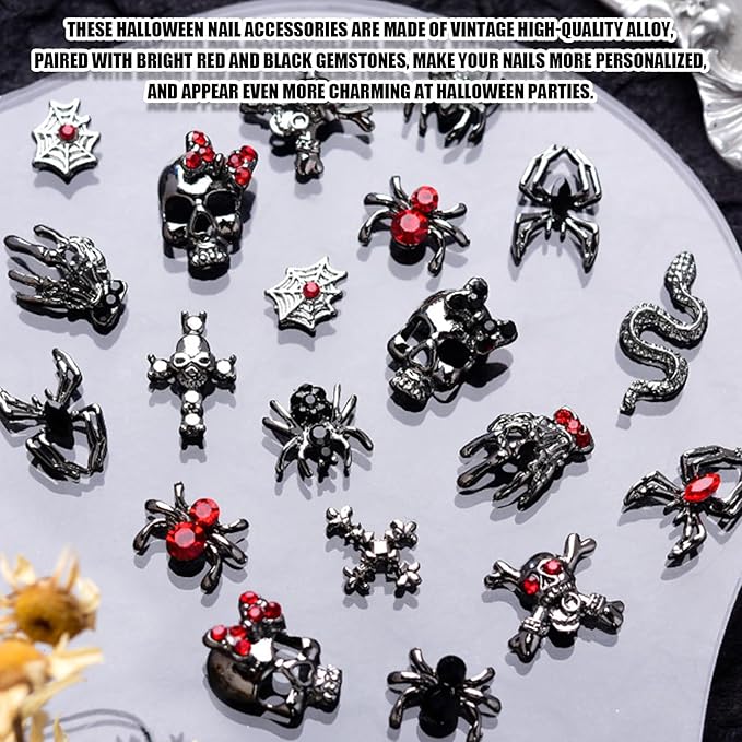 Halloween Nail Charms,32pcs Ghost Head Skull Hand Spider Web Nail Gems with Rhinestones,Retro Skeleton Spider Cross Gold Silver Alloy Nail Art Decorations for DIY Halloween Nail Design (Mixed C)