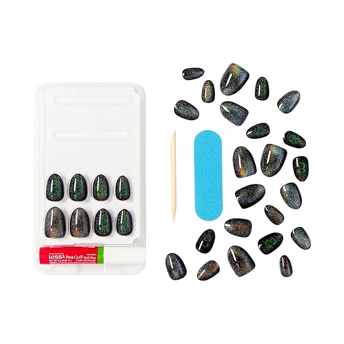 WICKED X KISS Press On Nails Almond, ‘I Look Good in Green’, Green, Short, Waterproof, Chip Proof, Smudge Proof, 28 Fake Nails, Pink Gel Nail Glue (2g), Mini Nail File, & Manicure Stick