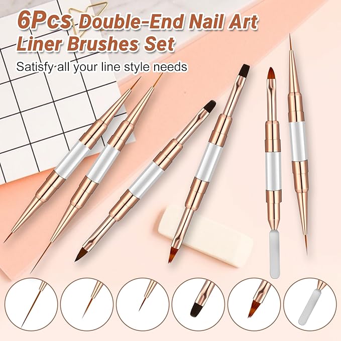 Double-Ended Acrylic Nail Art Liner Brushes, 6Pcs Gel Polish Nail Art Design Pen Painting Tools Set For Nails, Dotting Drawing Tool Polygel Brush for Long Lines, Thin Details, Fine Drawing