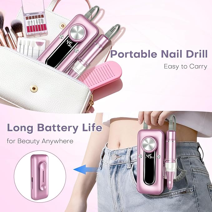Nail Drill Electric Nail File Kit 45000 RPM Professional Efile Nail Set,Cordless Portable Rechargeable Acrylic Gel Nail Polish Remover Machine Pedicure Manicure Tool with 11 Bits for Salon Home