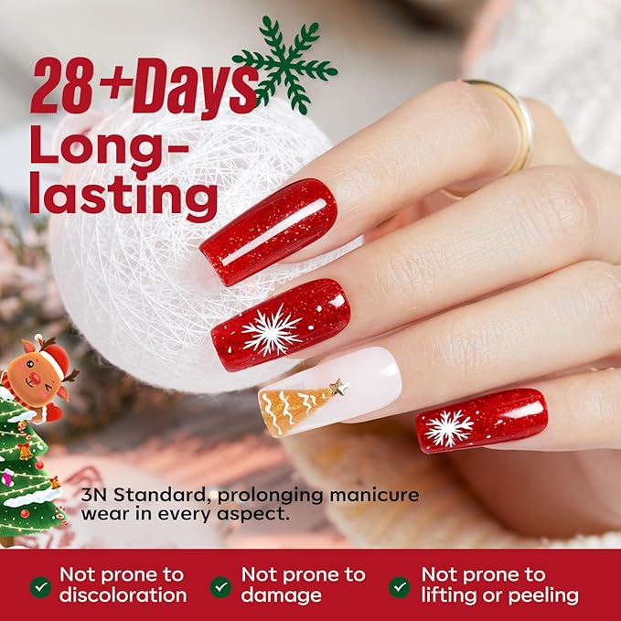 MEFA 19 Pcs Gel Nail Polish Kit with U V Light, 12 Red Christmas Colors Burgundy Red Dark Green Glitter Gel Polish Winter Silver Gold Sparkle Valentine's Day Manicure DIY Salon Decorations Gifts
