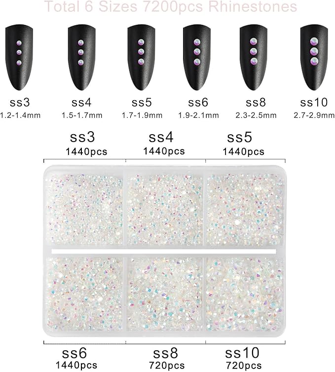 Beadsland 7200pcs Flatback Rhinestones,Transparent Rhinestone Nail Gems Round Crystal Rhinestones for Crafts,Mixed 6 Sizes with Wax Pencil Kit, SS3-SS10,Transparent AB