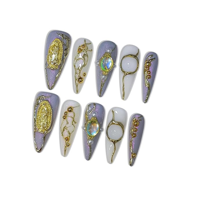 Lavender Press on Nails with 3D Water Droplets, Madonna Medals & Pearls, Long Stiletto Glossy Iced Baroque Fake Nails, Reusable Edgy Luxury False Nails for Women Party Opera Gala (Size M) ﻿