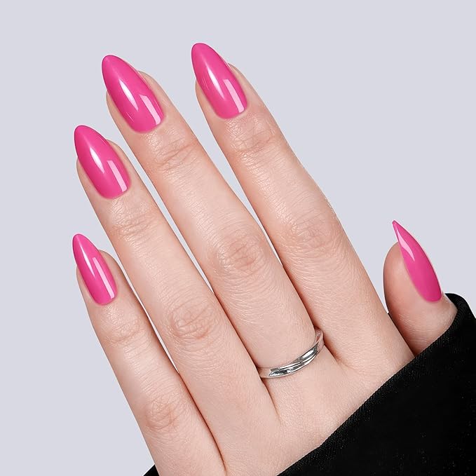 UNA GELLA Soft Gel Press on Nails - 32Pcs 16 Sizes Hot Pink Almond Fake Nails, Glossy Reusable Glue on Nails for Women, Durable Long Artificial False Nails Kit for DIY Manicure