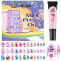 EBANKU Kid Press on Nails, 72Pcs Almond Fake Nails Kit Full Cover Colorful Cute Patterns Design Acrylic Nails with Nail Glue for Girl Home Party