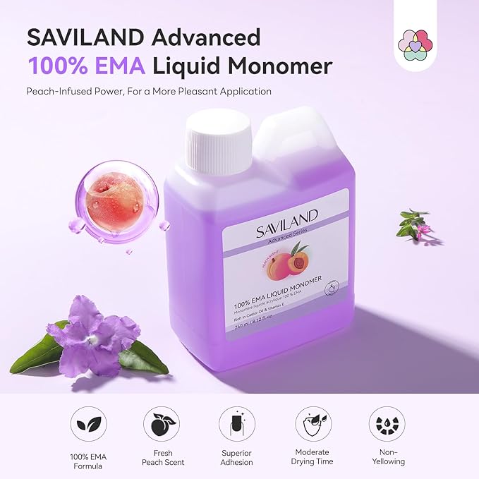 SAVILAND Pure EMA Monomer Acrylic Nail Liquid: Peach Scent Acrylic Liquid Nail Monomer Non-Yellowing Monomer For Acrylics Powder Nail Art 240 ml
