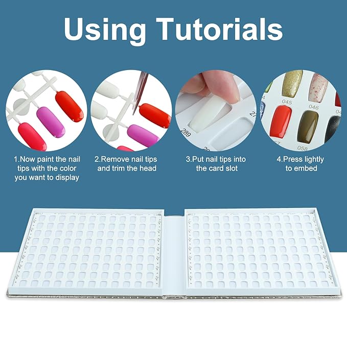 216 Nail Display Book with 240 Nail Tips & 300 Number Labels, Professional Gel Polish Nails Art Design Swatches Book (Silver)