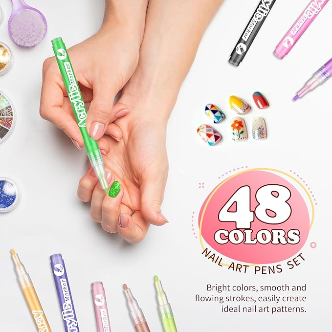 48 Colors Nail Art Pen Set,3D Acrylic Nails Art Markers Pens,Quick Dry Nail Doodle Pens for Home & Salon DIY Nail Art （1.0 mm Pen Nib）