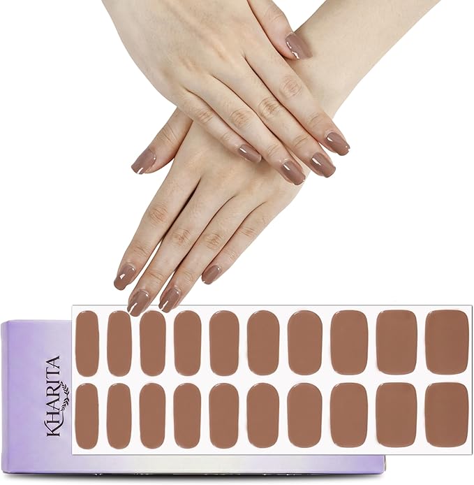 Semi Cured Gel Nail Strips – Real Gel Nail Polish Wraps for Brittle Nails | Waterproof Long Lasting Easy Peel-Off Removal | Hema-Free | 20-Piece Solid Brown Salon Sticker Kit with File & Stick