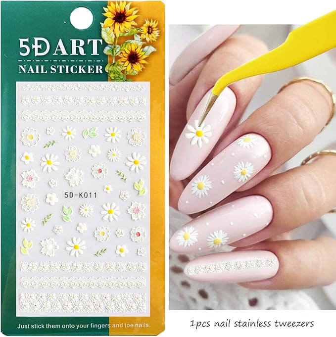5D Embossed Flower Nail Art Stickers, 6 Sheets Self-Adhesive Nail Sticker Decals,Luxury Hollow Exquisite Pattern Spring Daisy Leaf Butterfly Lace Carving Design for Salon Home Acrylic Nail Decoration