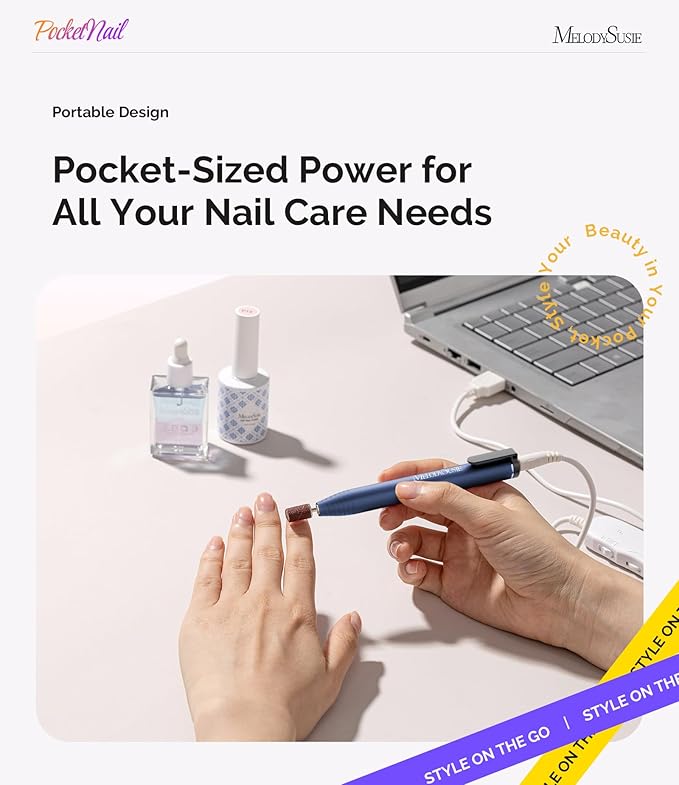 MelodySusie PocketNail Slim Ergonomic Pen-Shaped USB Nail Drill, PC100G 20000RPM Portable Electric File for All Manicure, Pedicure Nail Care, Shaping & Gel Removal at Home for Beginners