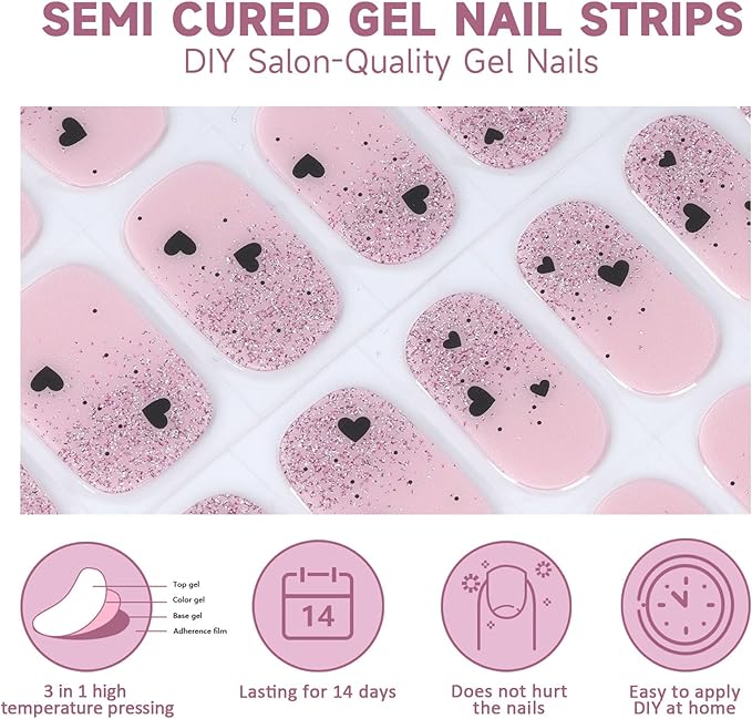 Semi Cured Gel Nail Strips,28 Pcs Valentine's Day Gel Nail Stickers/Wraps,Long Lasting Polish Stickers UV Light Requried,Easy to Apply for Wedding